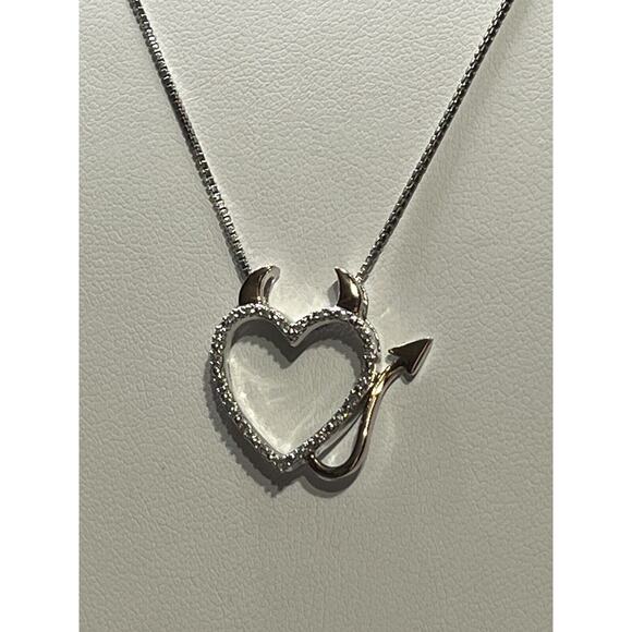 Sterling Silver 1/20 Ct Diamond Heart Devil Horns 14k Rose Gold Pendant Necklace - Picture 8 of 10